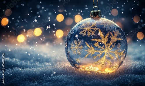 A Christmas bauble made of sparkling crystal snowflakes, glowing softly in the night air, with delicate golden light reflecting off the frosted surface