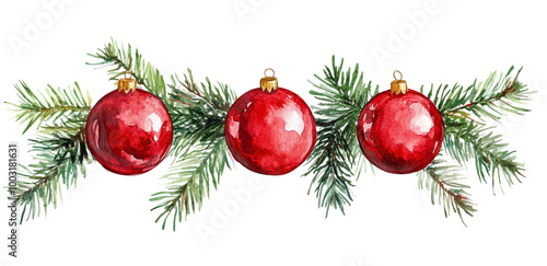 Vibrant red Christmas ornaments hanging on pine branches during the festive s...
