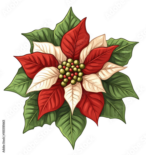 Vibrant poinsettia flower illustration with red and white petals surrounded b...