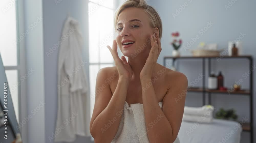 Woman smiling in a spa room wrapped in a towel with short blonde hair enjoying a wellness treatment in an indoor salon setting showcasing beauty and relaxation. Woman smiling in a spa room wrapped in a towel with short blonde hair enjoying a wellness treatment in an indoor salon setting showcasing beauty and relaxation.