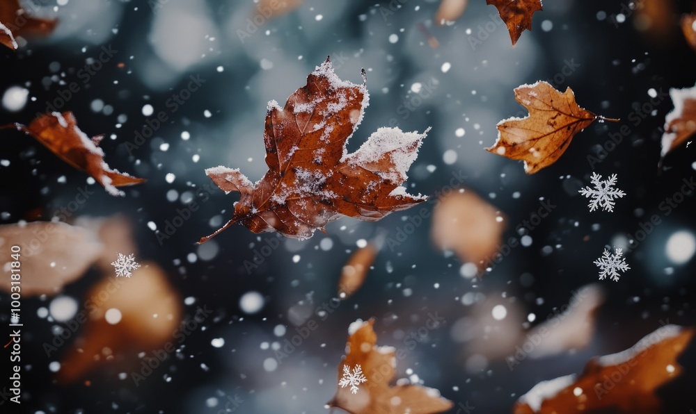 Fall leaves and snowflakes in a gentle breeze Fall leaves and snowflakes in a gentle breeze