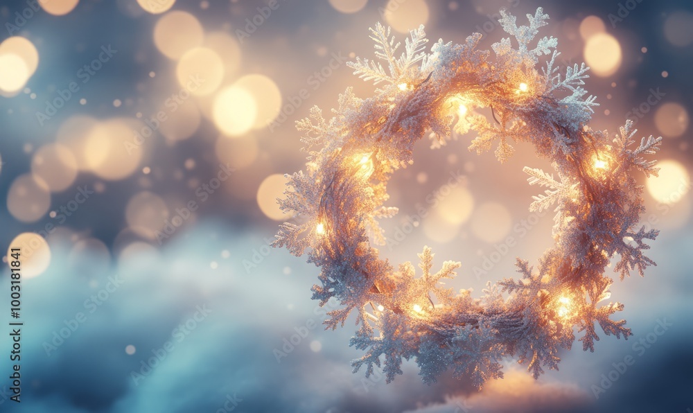 A glowing Christmas wreath made of intricate snowflakes and delicate golden lights, hanging against a softly blurred snowy background A glowing Christmas wreath made of intricate snowflakes and delicate golden lights, hanging against a softly blurred snowy background