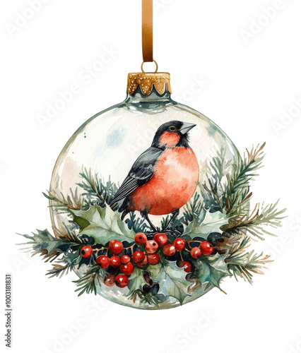 Ornate glass ornament featuring a bird perched on holly and berries during th...