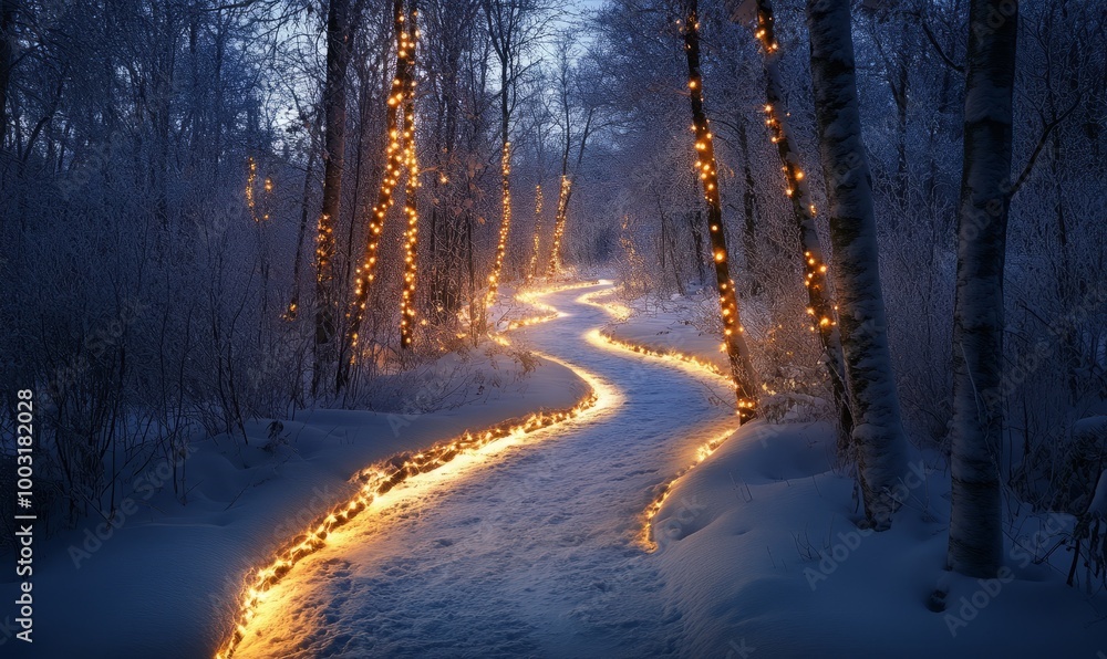 A peaceful winter night with glowing Christmas lights illuminating a snow-covered path, winding through a quiet forest with frosted trees. A peaceful winter night with glowing Christmas lights illuminating a snow-covered path, winding through a quiet forest with frosted trees.