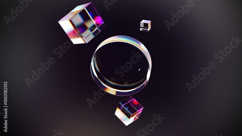 Fototapeta Naklejka Na Ścianę i Meble -  Glossy dispersion circle and cubes. Computer generated 3d render