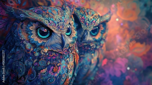 Close up detail pianting owl in colorful style wallpaper. photo