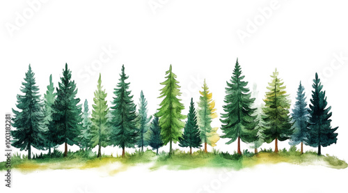 Watercolor painting of lush evergreen trees in a serene outdoor landscape during daylight