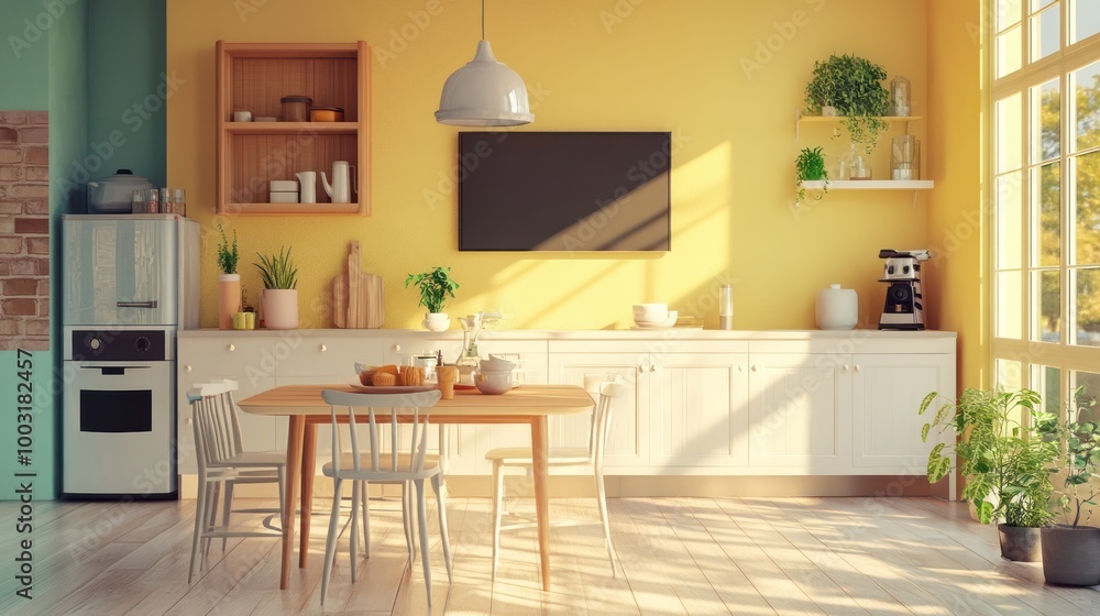 Fototapeta premium Modern Kitchen Interior Design with Sunny Yellow Walls
