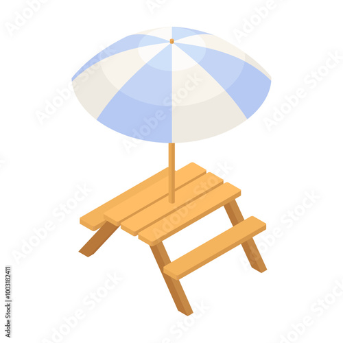 Picnic table with parasol - hand drawn isometric vector illustration.