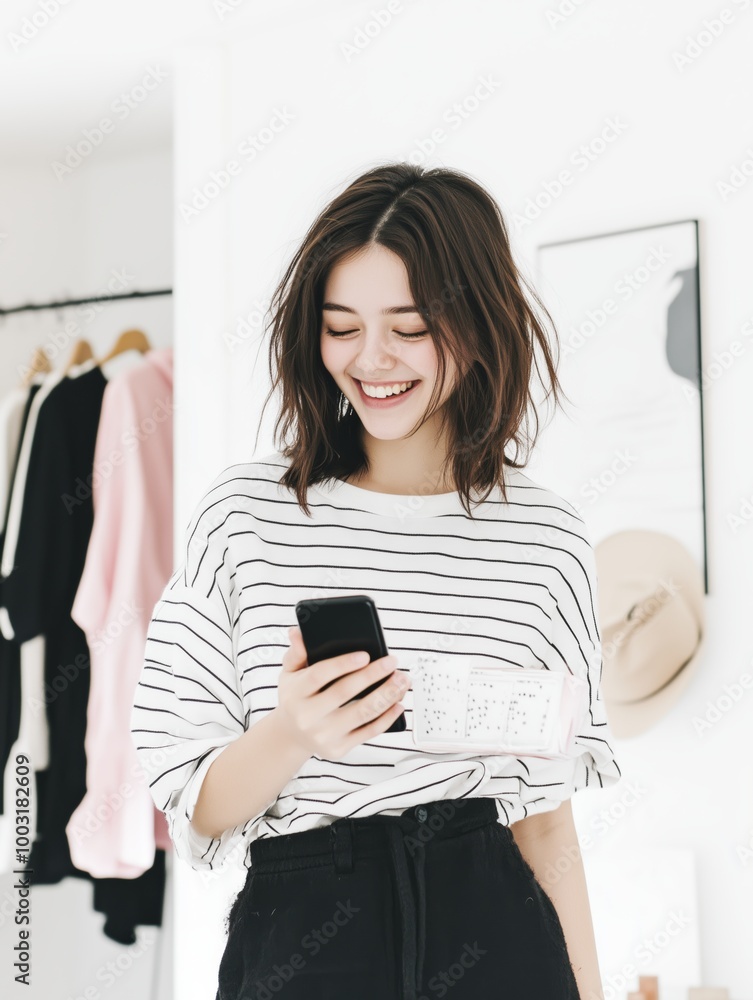 Naklejka premium Everyday Joy: A Girl's Happy Moment with Her Phone