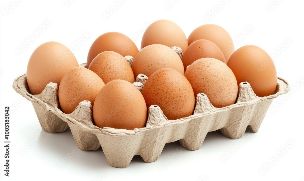 Fresh brown eggs in a cardboard carton on white background Fresh brown eggs in a cardboard carton on white background
