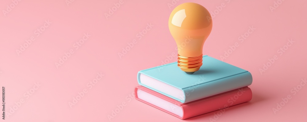 Creative 3D icon of a light bulb on top of a stack of books against a pink background signifying innovation and education Creative 3D icon of a light bulb on top of a stack of books against a pink background signifying innovation and education