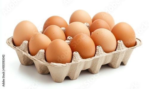 Fresh brown eggs in a cardboard carton on white background