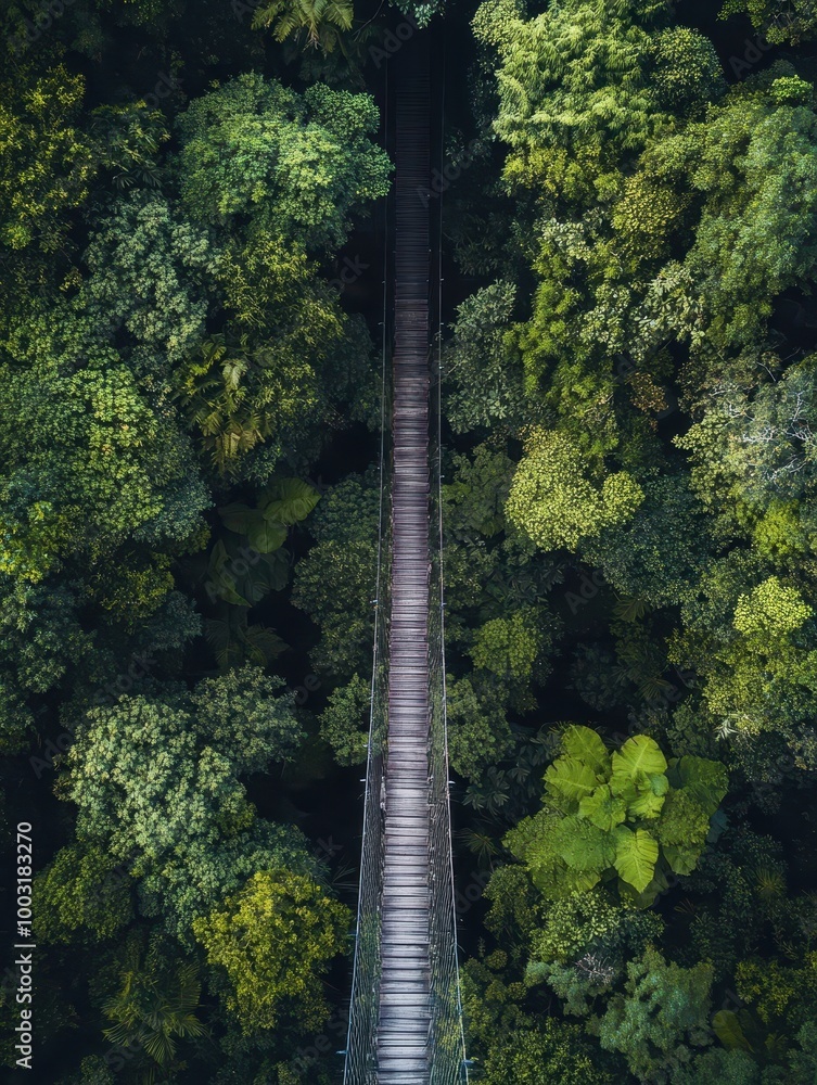 Fototapeta premium A narrow suspension bridge stretches through a lush green tropical rainforest, surrounded by dense foliage and towering trees.
