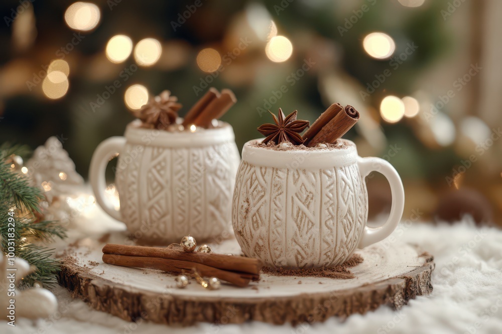 Cozy festive decorative tabletop, hot cocoa mugs, cinnamon sticks, highly detailed, intricate details Cozy festive decorative tabletop, hot cocoa mugs, cinnamon sticks, highly detailed, intricate details