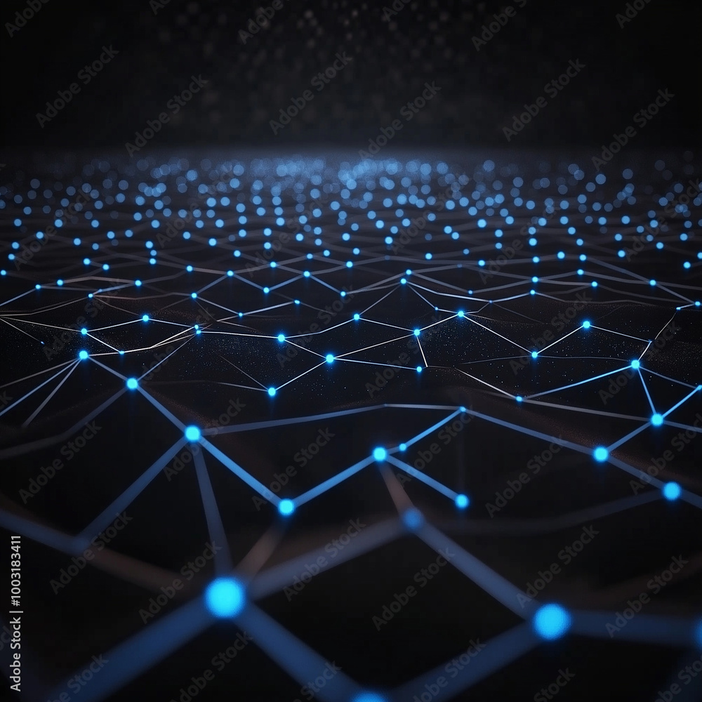 Obraz premium Abstract digital network visualization with glowing blue data points and connected lines on a dark background, futuristic technology theme, high-detail, photorealistic rendering