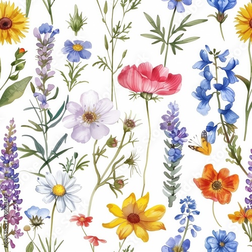 A watercolor painting of a field of flowers with a butterfly flying by