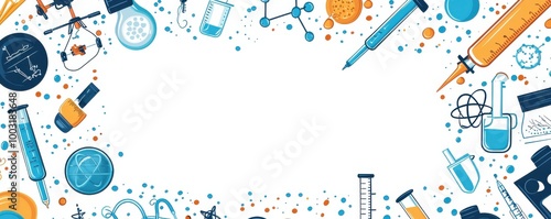 Blank white card with blue borders surrounded by colorful scientific illustrations, including laboratory equipment and molecular structures