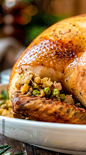 Roasted turkey stuffed with green peas and corn on the Christmas table. Greeting card template with copy space. photo