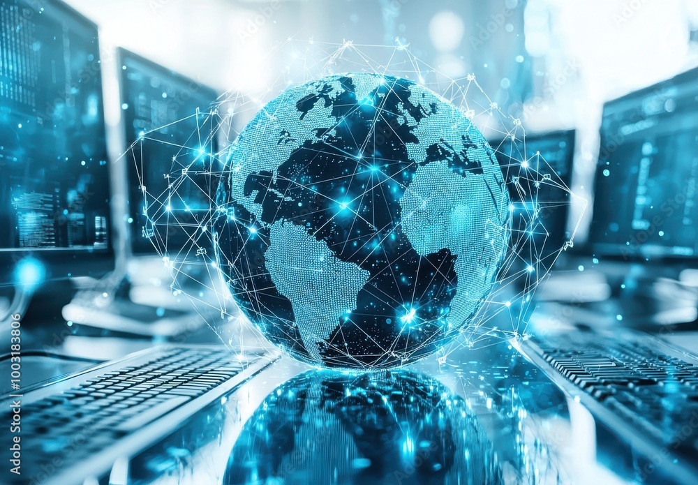 Fototapeta premium Digital Earth with network connections on a blue background surrounded by computer screens, symbolizing global internet and technology