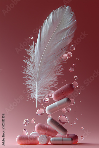 Floating white feather with pink contraceptive pills and water droplets on a pink background