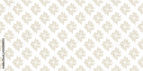 Abstract gold and white floral seamless pattern. Simple vector background with flower silhouettes, leaves, petals, repeat tiles. Golden botanical ornament texture. Repeatable elegant floral design