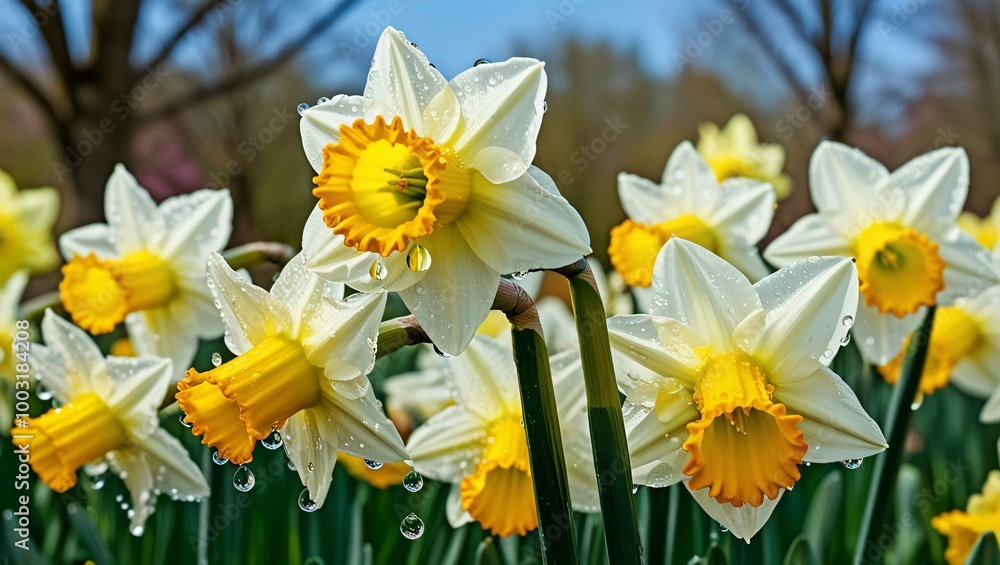 Watering white yellow daffodils, spring sunshine and waterdrops Watering white yellow daffodils, spring sunshine and waterdrops