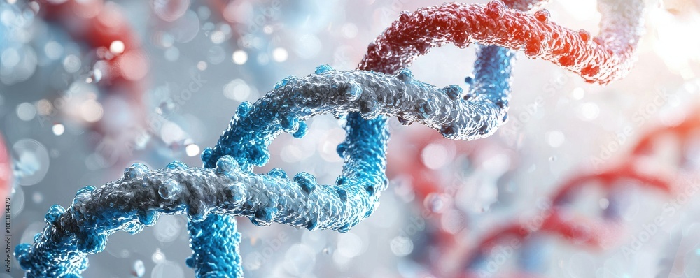 Close-up view of a DNA double helix structure showcasing intricate details and molecular bonds Close-up view of a DNA double helix structure showcasing intricate details and molecular bonds