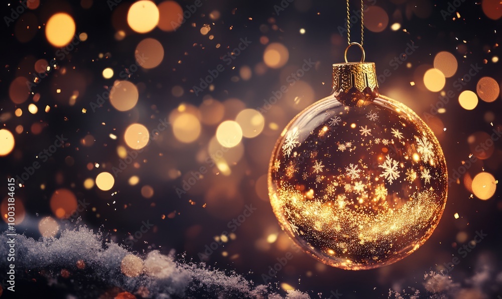 An abstract Christmas bauble made of golden light trails and sparkling snowflakes, glowing softly in the air against a dark, frosty background. An abstract Christmas bauble made of golden light trails and sparkling snowflakes, glowing softly in the air against a dark, frosty background.