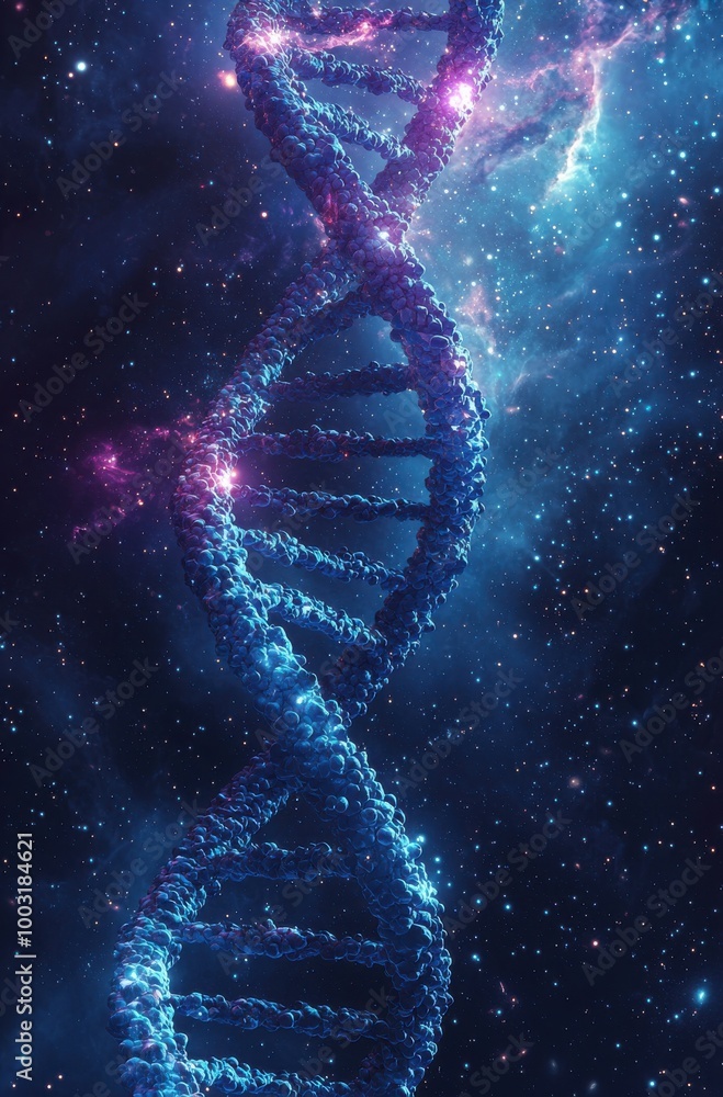 Obraz premium Close-up of two double-helix DNA strands in a cosmic background showcasing the beauty of genetics in a galaxy setting