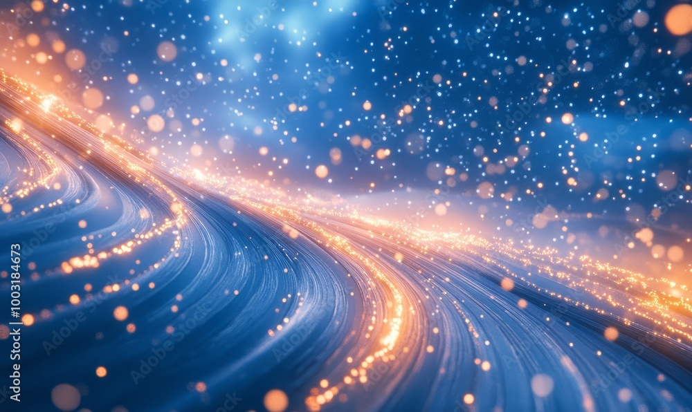 An abstract winter wonderland with glowing light trails and swirling snowflakes, set against a deep blue sky filled with shimmering stars An abstract winter wonderland with glowing light trails and swirling snowflakes, set against a deep blue sky filled with shimmering stars