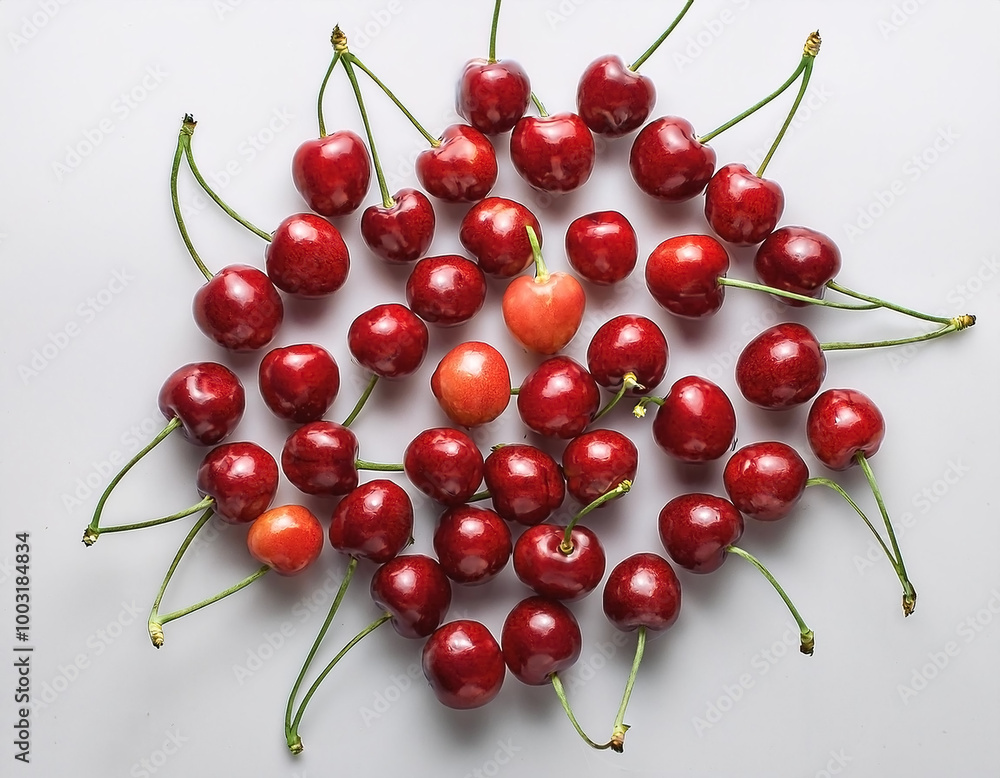A bunch of red cherries with green stems, neatly arranged in the middle of a white background A bunch of red cherries with green stems, neatly arranged in the middle of a white background