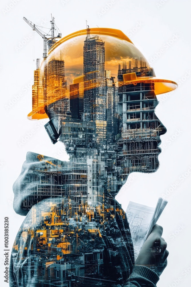 Double exposure image of a construction engineer examining blueprints against a backdrop of urban skyscrapers Double exposure image of a construction engineer examining blueprints against a backdrop of urban skyscrapers