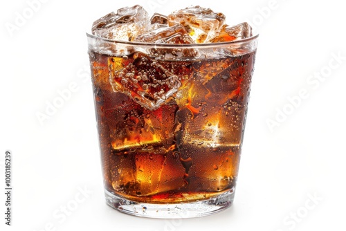 Iced cola in a glass with ice cubes on a clean white background, refreshing..