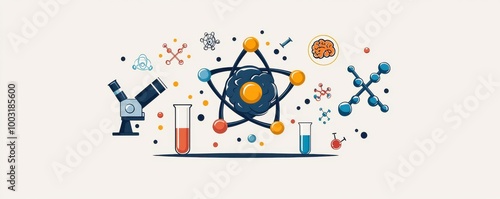 Colorful flat illustration of an atom surrounded by scientific elements including a microscope, test tubes, and a brain, symbolizing science and research concepts