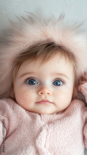 A baby wearing a pink sweater and a furry hat