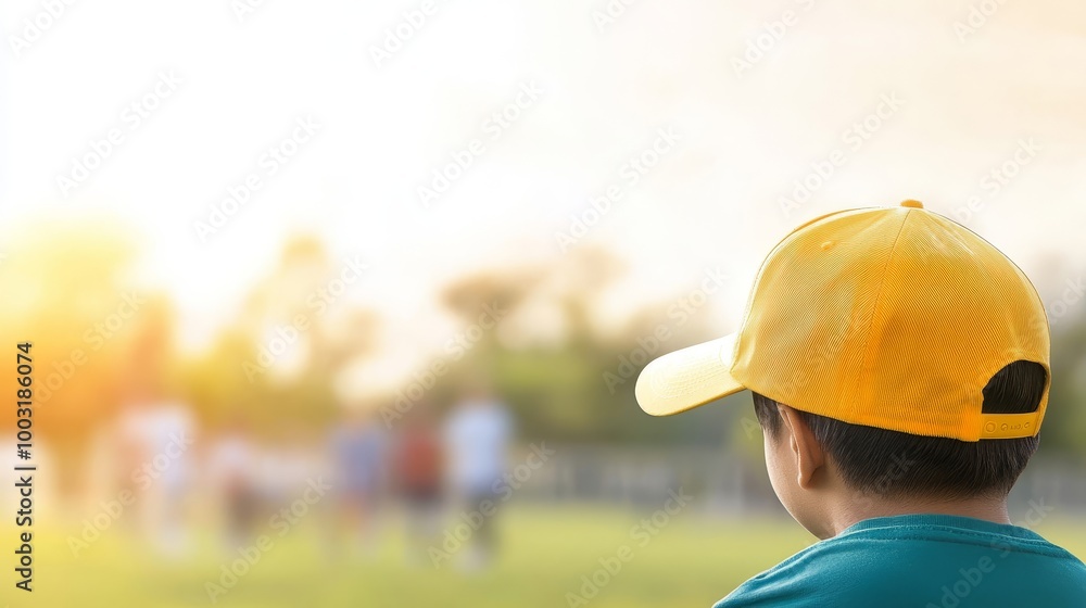 Boy Watching Sunset on Soccer Field with Yellow Cap