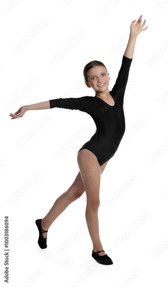 Little ballerina practicing dance moves on white background Little ballerina practicing dance moves on white background