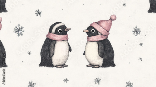A couple of penguins wearing hats and scarves