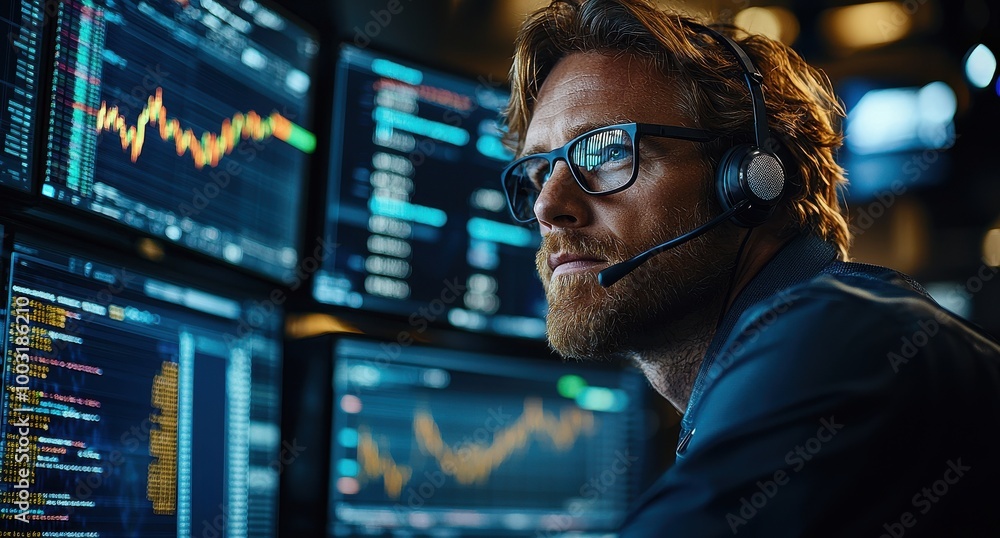 Professional male stock trader communicating on headset while working with financial data on multiple monitors Professional male stock trader communicating on headset while working with financial data on multiple monitors