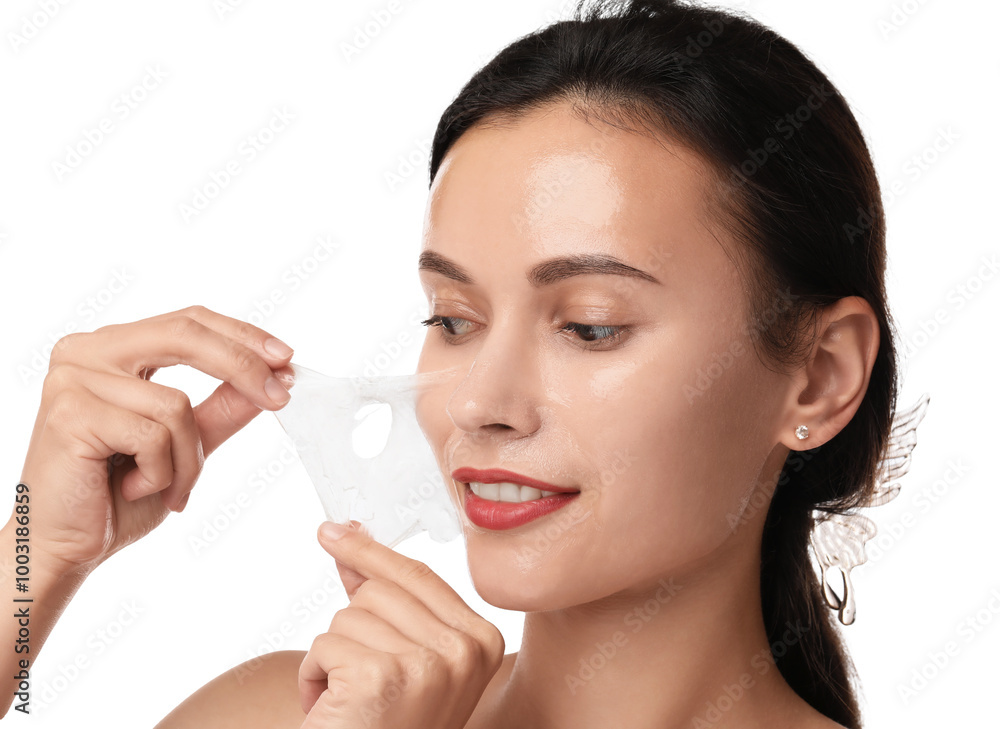 Smiling woman peeling off face mask on white background Smiling woman peeling off face mask on white background