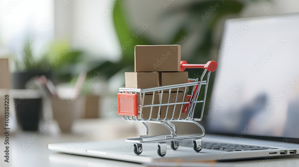 Online shopping concept with miniature shopping cart with craft boxes standing in front of laptop Online shopping concept with miniature shopping cart with craft boxes standing in front of laptop