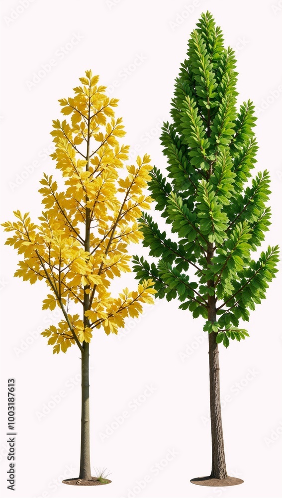 Autumn and summer Linden trees with partial foliage color change isolated in an artfully cut out setting Autumn and summer Linden trees with partial foliage color change isolated in an artfully cut out setting