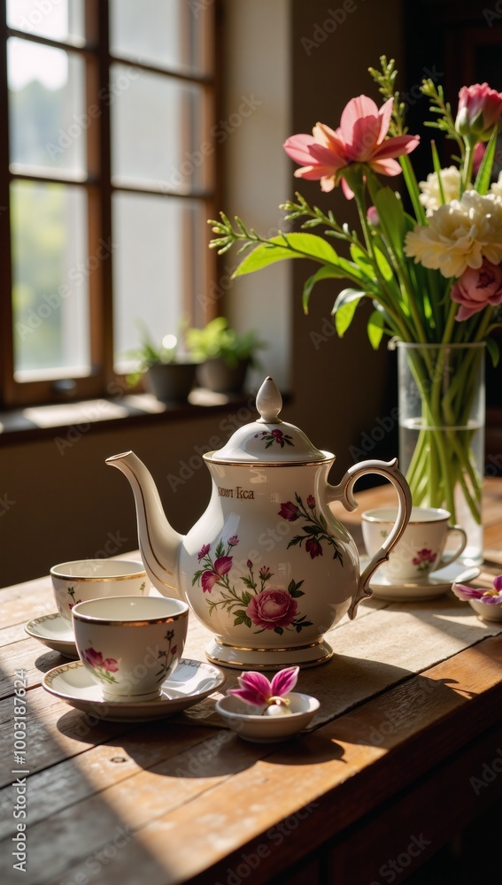 A traditional tea set sits atop a wooden table amidst sunlit flowers A traditional tea set sits atop a wooden table amidst sunlit flowers