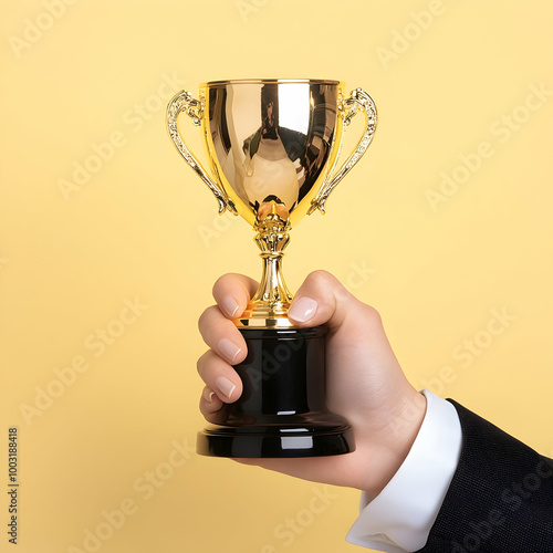 Hand Holding a Shiny Golden Trophy Against Yellow Background