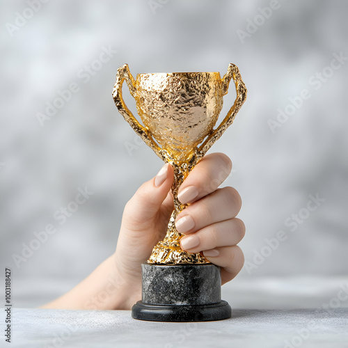Hand Holding a Textured Golden Trophy Symbolizing Achievement