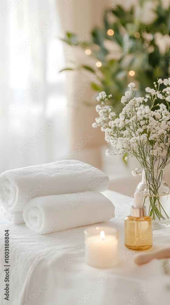 A spa setting with neatly folded towels, candles, and essential oil bottles on the table A spa setting with neatly folded towels, candles, and essential oil bottles on the table