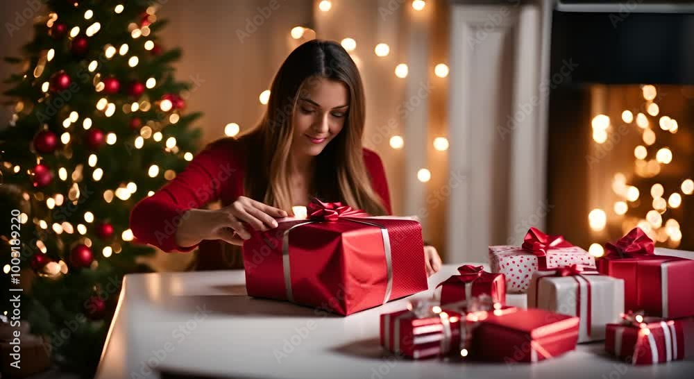 Woman wrapping gifts at home. Woman wrapping gifts at home.