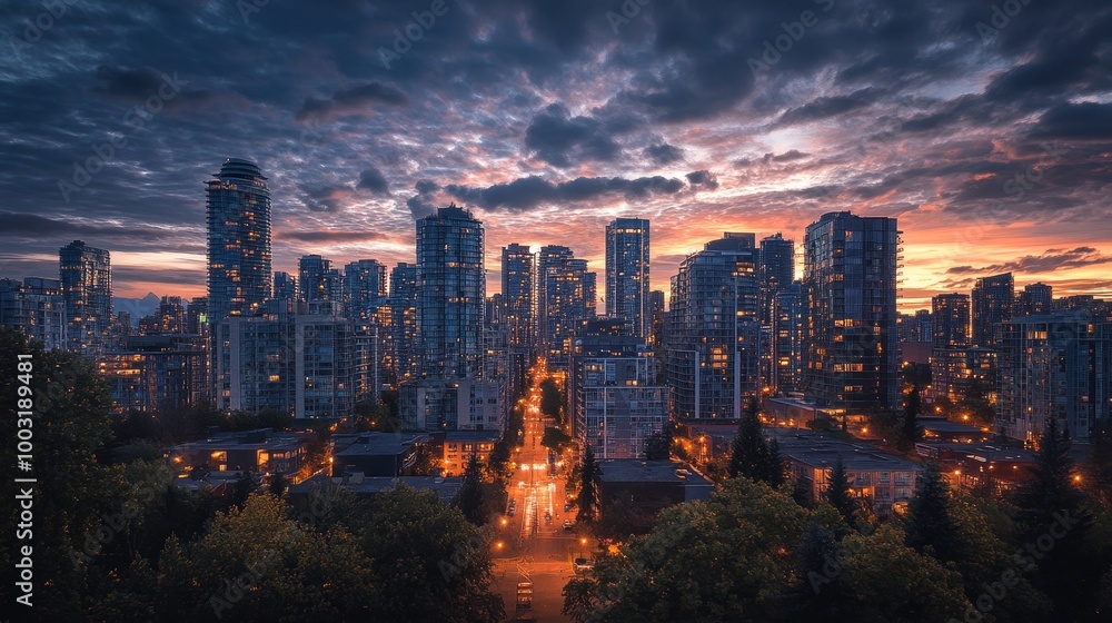 Obraz premium Urban Skyline at Dusk with Dramatic Cloud Patterns