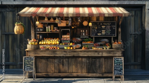 Fototapeta Naklejka Na Ścianę i Meble -  Cozy Neighborhood Produce Stand with Vibrant Striped Awning